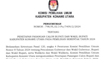 KPU Konut Tetapkan Calon Bupati dan Wakil Bupati di Pilkada 2024